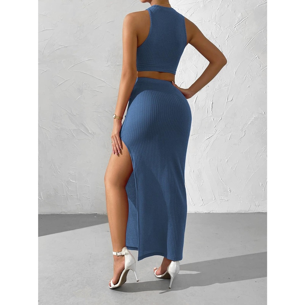 2 piece skirt set: Waffle Knit Crop Top & Split Thigh maxi Skirt gray - Picture 4 of 11